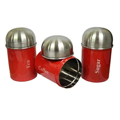 Image of 3pcs Stainless Steel Red Dome Canister Tea Coffee Sugar Kitchen Storage Jar Pot Set Black (Red)