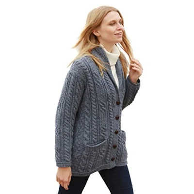 Image of Aran Woollen Mills Women&#039;s Merino Wool Cable Knit Irish Shawl Cardigan Pockets Sweater, Grey, XXL