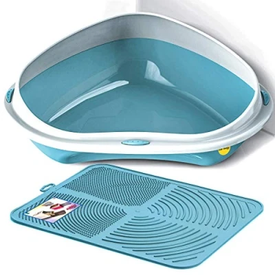 Image of Cat CENTRE Blue Large Corner Litter Tray + Nonslip Mat Set Box Loo Toilet Kitten Pad