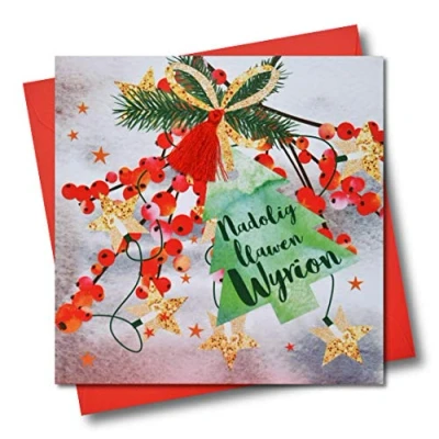 Image of Welsh Grandchildren Christmas Card, Nadolig Llawen Wyrion, Tassel Embellished