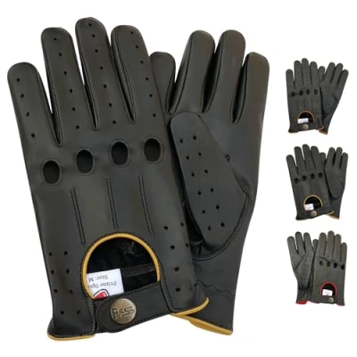 Image of Men&#039;s Genuine Leather Driving Classic String Black Gloves WITH 4 holes 507 Yellow &amp; BROWN Piping (BLACK PIPING, SMALL)