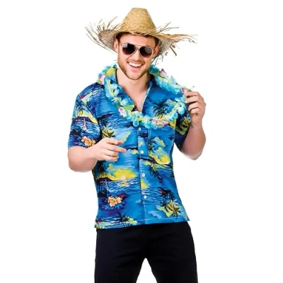 Image of Wicked Costumes Mens Blue Palm Tree Hawaiian Shirt Fancy Dress Costume X Large