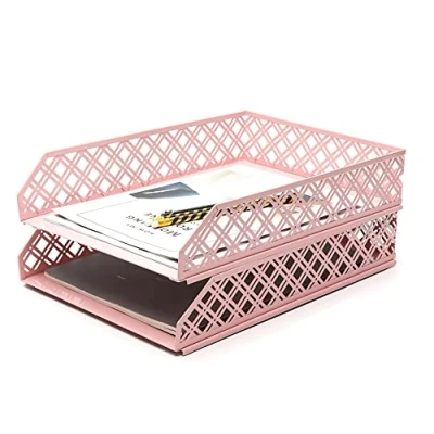 Image of Exerz Letter Trays 2pcs Stackable Paper Sorter/Desk Organiser/File Tray for Desk Wire Mesh Metal File Rack Office, School, Home Study (Light Pink)