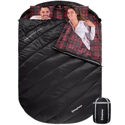Image of KingCamp Double Flannel Sleeping Bag With Pillow, 2 Person Outdoor Bag, Waterproof, Warm and Comfortable