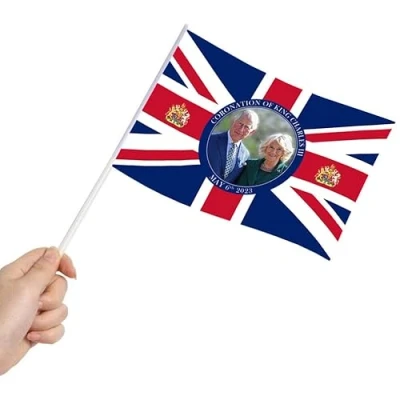 Image of 50pcs PVC Hand Waving Flags Union Jack King Charles III and Queen Consort Camilla Coronation Mini Royal Family Street Party Home Car Table Decorations