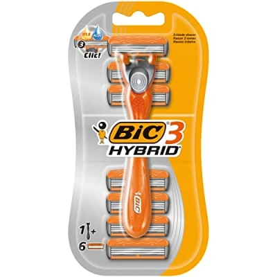 Image of BIC 3 Hybrid , Men&#039;s Triple Blade Razors for Men, Long Curved Handle Easy Grip, Pack with 1 and 6 Refills