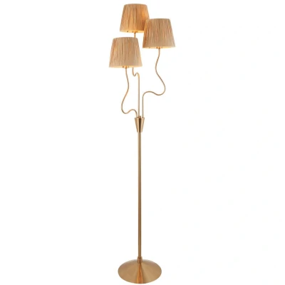 Image of Wriggle Multi Arm Floor Lamp Brushed Aged Brass Plate, Natural Raffia, 3x E14
