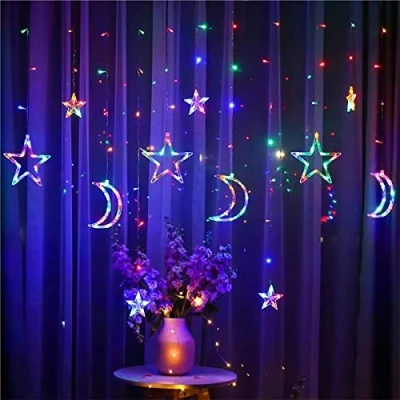 Image of ABIN Christmas LED String Lights 3.5m Star Moon Curtain Garland Wedding Decorations for Christmas, Wedding, Party, Home, Terrace, Ramadan, Lawn (Multicolor)