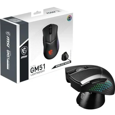Image of MSI CLUTCH GM51 LIGHTWEIGHT WIRELESS Gaming Mouse RGB, upto 26000 DPI, low latency, 83g, 150 hours battery life, Swiftspeed, 2.4G/ Bluetooth/ Wired, OMRON Switches, NVIDIA Reflex, Center