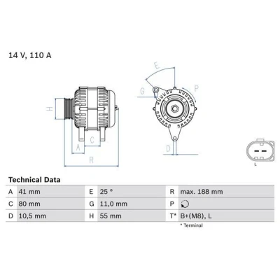 Image of 504009977 Generator BOSCH 0 986 046 060 14V 110A L, B+(M8) PL87 excl. vacuum pump 55mm FIAT: Ducato III Van, Platform / Chassis