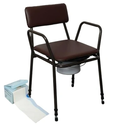 Image of Millercare Height Adjustable Bedside Commode Toilet Chair for Bedroom or Around The Home Padded Seat &amp; Back Portable, 20 Pack of Bucket Liners Included. Assembled