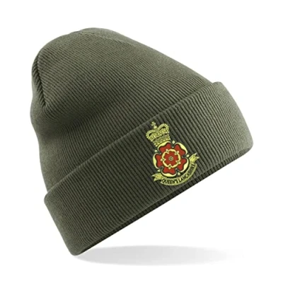 Image of PSave Queen&#039;s Lancashire Regiment Insignia Mens Premium Embroidered Beanie Hat, Bob Hat British Army Military (Military Green)
