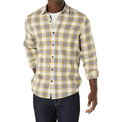 Image of Amazon Essentials Men&#039;s Long Sleeve Flannel Shirt (Available in Big &amp; Tall), Grey Yellow Plaid, M