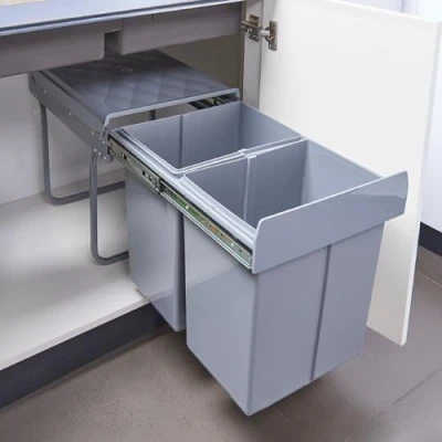 Image of [en.casa] Built in trash can Froland waste sorter Pull out garbage collector 2 Removable compartments 48x34x42cm for kitchen Gray 2x20L
