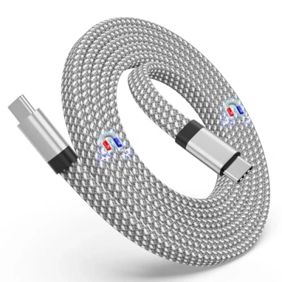 Image of Magtame USB C Cable, Magnetic to Cable 60W(3A), 5ft Coiled Cord, Flat Nylon Braided Type Fast Charging Compatible for Device Pad Samsung Galaxy, Silver