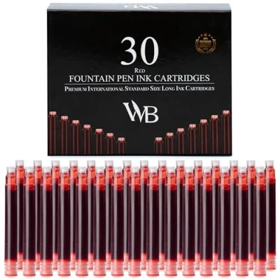 Image of Wordsworth &amp; Black Fountain Pen Ink Refills Set of 30 Red Cartridges International Standard Size Length APPR 2.04 Inch Base Diameter 0.24 Disposable and Generic
