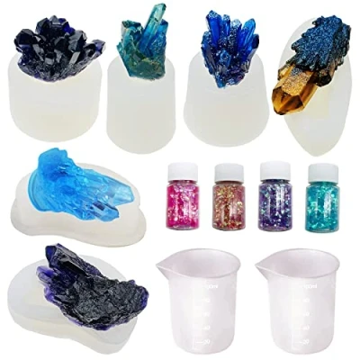 Image of NA Woohome 12PCS Crystal Resin Silicone Mold Set Include 6PCS Molds Cluster Molds, 4 Color Fine Glitter for Tray Decoration, Home Decoration