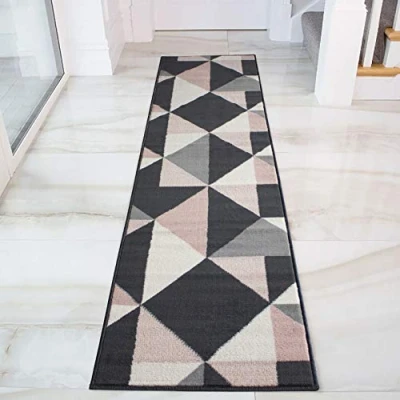 Image of Grey Blush Diamond Runner Rug Plush Geometric Hardwearing Living Room Bedroom Hallway Area Rugs 60cm x 240cm