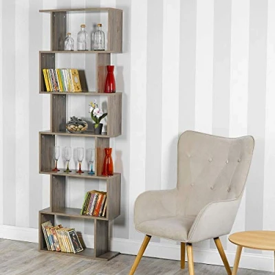 Image of URBNLIVING Wooden S Shaped Display Bookcase Storage Divider Unit (Grey Oak, 6 Tier)