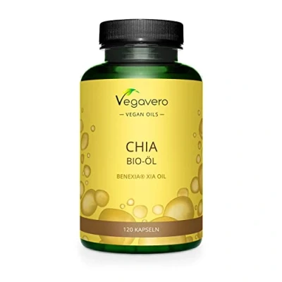 Image of Vegavero Organic Chia Seed Oil Vegan Omega 3 6 9 Capsules Benexia® from Chile, Cold Pressed Without Solvents High Dose Alpha Linolenic Acid NO Additives, Lab Tested 120