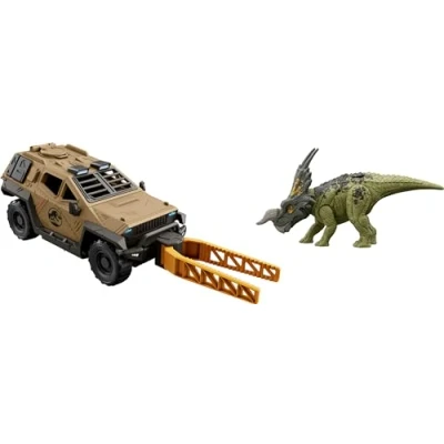 Image of Mattel Jurassic World Truck &amp; Einiosaurus Dinosaur Action Figure Toy with Flip Roll Feature, Mission Mayhem Destruction Vehicle, HRX52