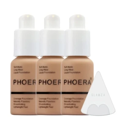 Image of Glamza Phoera Foundation Full Coverage Makeup Set 24hr Long Lasting Oil Control Soft Smooth Matte Flawless Concealer Cream Inc x3 30ml &amp; Silicone Blender Sponge (105 Sand)