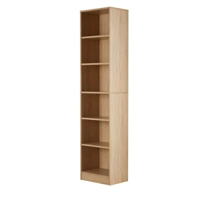 Image of Home Source Tall Bookcase, Narrow Open Adjustable Shelves, Display Storage Cabinet, 6 Tier, Oak Effect