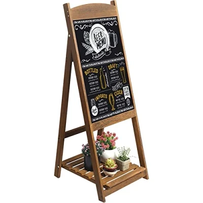 Image of UNHO Wooden Chalkboard Easel Display Stand Wood Ladder Shelf A Frame Sign Board Freestanding Sandwich with Slatted Tray for Cafe Bar Book Store Restaurant