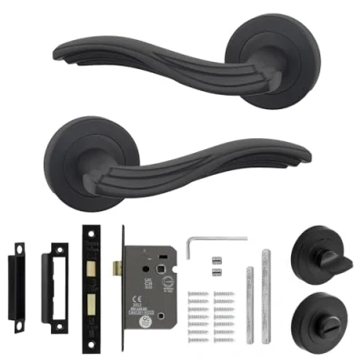 Image of Decoranddecor Solace Matt Black Bathroom Aluminium Door Lever Handles Kit Set