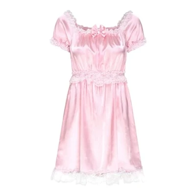 Image of Satini Lingerie Satin Sissy Babydoll Ruffles Frilly Lace Slip Nightwear Dress (Baby Pink, S)