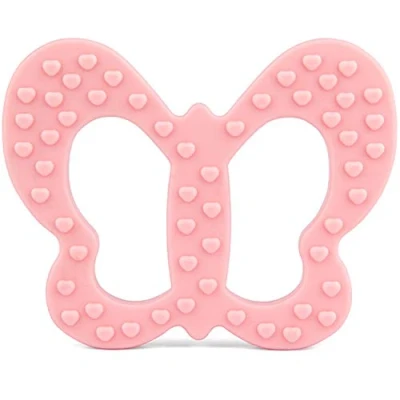 Image of PREMYO Teething Toy for Baby Teether Silicone Soothes Sore Gum Pain Easy to Grab BPA Free Butterfly Pink