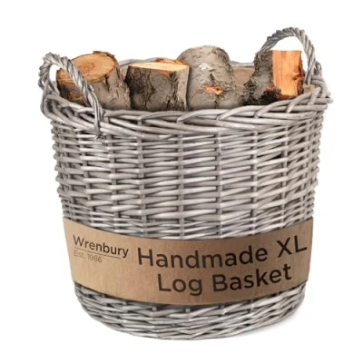 Image of Wrenbury Extra Large Wicker Log Basket 51cm Baskets for Wood Burner Indoor Round Fireplaces with Hessian Lining