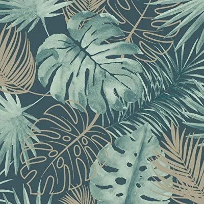 Image of Full Roll Laguna Tropical Wallpaper Debona Green Gold Glitter Palm Leaf Jungle