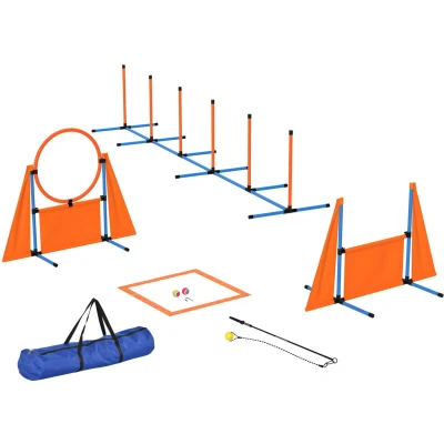 Image of PawHut Dog Agility Equipment, 7 Piece Pet Training Set with Weave Poles, Jump Ring and Hurdle, Pause Box Carry Bag, Obstacle Course Kit, Orange