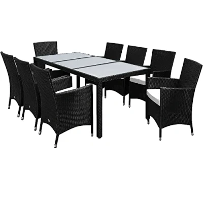 Image of CASARIA® 8+1 Milan Polyrattan Outdoor Dining Furniture Set Rectangular Glass Top Table 8 Poly Rattan Stackable Armchairs with Cream Cushions Garden Patio Balcony Seating Group Black