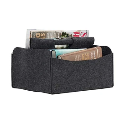 Image of Relaxdays Felt Newspaper Basket, HxWxD: 22 x 31 29 cm, 2 Compartments, 1 Handle, Foldable Magazine Holder, Dark Grey