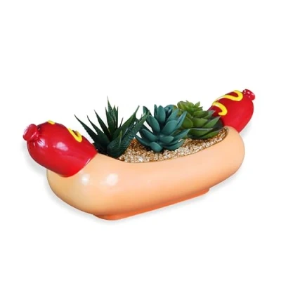 Image of Bubblegum Stuff Hot Dog Planter Novelty Cute Flower Pots for Succulents Plant Pot Creative Shaped Fast Food Ceramic Indoor 14.14 x 5.4 5.6 in