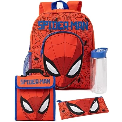 Image of Marvel Spider Man Boys Backpack Set Kids 4 Piece Red Rucksack with School Bag, Pencil Case, Lunch Bag &amp; Water Bottle Spiderman Complete Matching Bundle Back to Gifts For Children