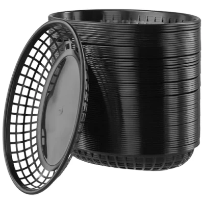 Image of SINJEUN 60 PCS Oval Fast Food Basket, 22.5x14x4cm Plastic Storage Baskets, Black Serving Baskets for Fries, Burgers, Sandwiches