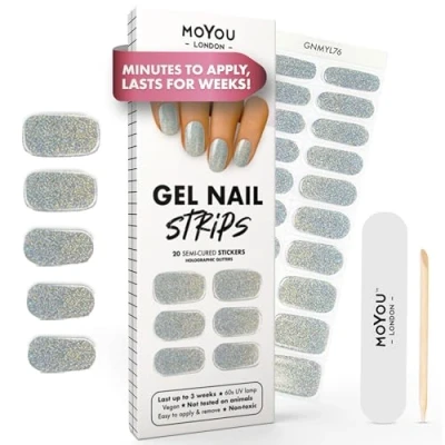 Image of MOYOU LONDON Semi Cured Gel Nail Strips 20 Pcs. Wraps for Salon Quality Manicure Works with Any UV Lamp Easy to Apply, Trim, &amp; Remove Stickers