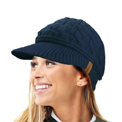 Image of TOSKATOK Ladies Peaked Cable Knit Warm R80 Teddy Fleece Lined Beanie Winter Hat Cap Navy