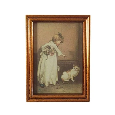 Image of Melody Jane Dolls House Girl and Cat Picture Painting in Wooden Frame Miniature Accessory