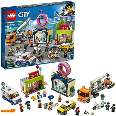 Image of LEGO 60233 City Town Donut Shop Opening Toy Cars Set with Police Motorbike, Truck Crane Trailer and 10 Minifigures