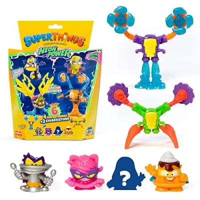Image of Superthings Neon Power Series, Pack of 6, Includes 4 (1 Silver Captain) and 2 Exoskeletons, Multicolor, 6/6