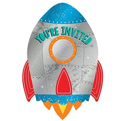 Image of Amscan 492278 Blast Off Space Kids Birthday Party Postcard Invitations with Stickers &amp; Envelopes 8 Pack