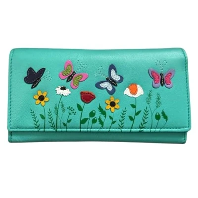 Image of Mala Leather Butterflies &amp; Flowers Floral Matinee Purse RFID Protection Sophia (Turquoise)