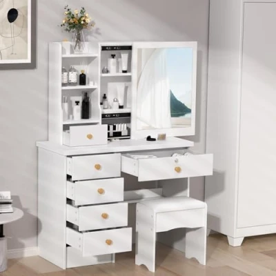 Image of Dressing Table with Sliding Mirror, Vanity Tables 6 Drawers and Shelves, Makeup Mirror Stool, Desk Modern Bedroom