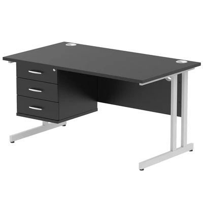 Image of Impulse 1400x800 Desk Black/Silver Cantilever Leg 1x3 Drawer Fixed Ped