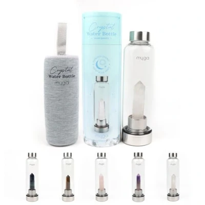 Image of Myga Clear Quartz Crystal Water Bottle 500ml Glass Drinks with Natural Healing &amp; Neoprene Sleeve for Wellness Self Care Gemstone: