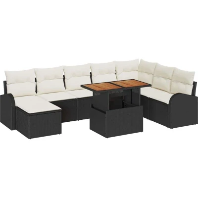 Image of vidaXL 9 Piece Garden Dining Set with Cushions Black Poly Rattan Acacia